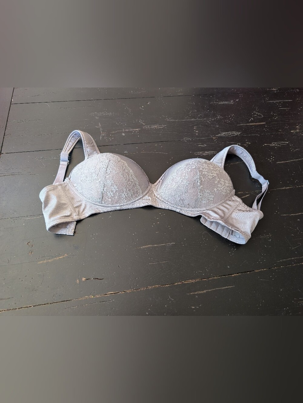 Angelina Lingerie Lightly Padded Underwire Floral Overlay Gray Bra Size 34DDD